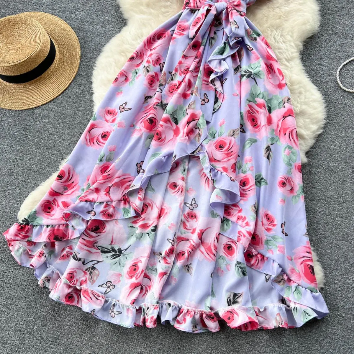 Abito estivo elegante da vacanza Canotta da donna in chiffon senza maniche con volant Midi abiti femminili da spiaggia vacanza c