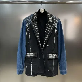 Blazer in denim a contrasto con diamanti in rilievo da donna della moda più recente del 2023 di High Street