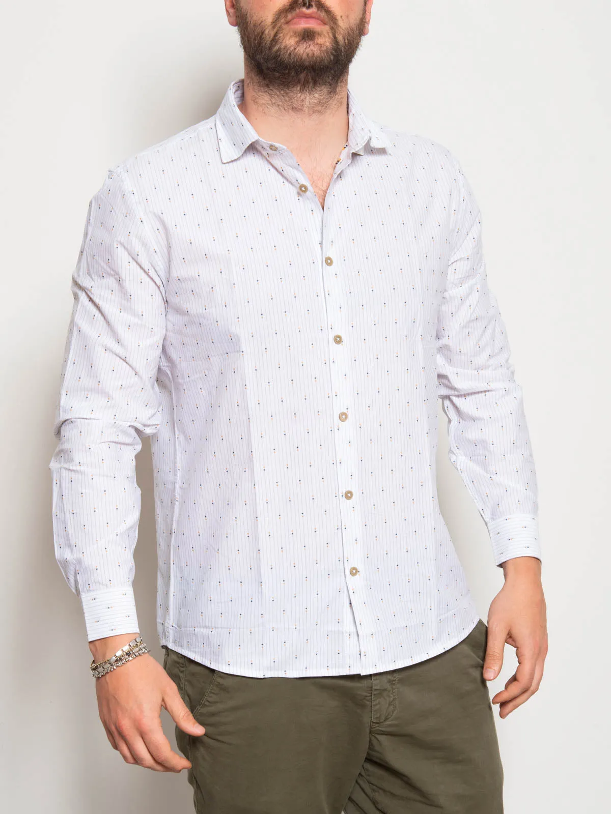 Camicia manica lunga rigata pois