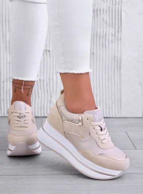 CAROLINE - Sneakers beige con zeppa bianca e strass