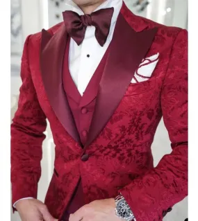 Costume Homme Matrimonio Motivo floreale rosso Matrimonio Sposo Uomo Abiti 3 pezzi Tuxedo Slim Fit Uomo Blazer Giacca  pantalon