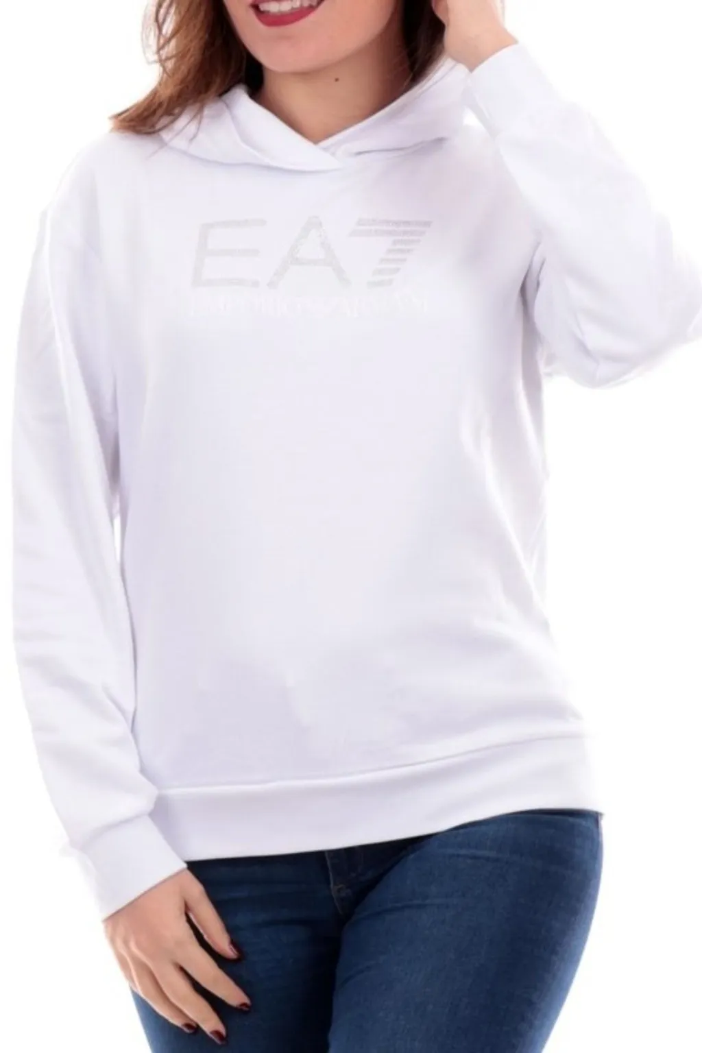 EA7 FELPA CON CAPPUCCIO BIANCO/ARGENTO 3DTM23