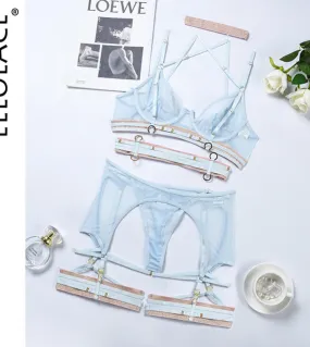 Ellolace Lingerie di lusso per le donne 4 pezzi Vedere attraverso la biancheria intima Fasciatura Giarrettiere Perizoma Fantasia