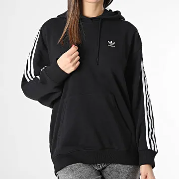 Felpa con cappuccio oversize da donna con strisce 3 strisce IU2418 Nero