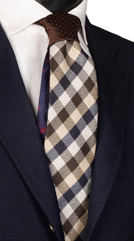 Man Brown Beige Grey Checked Silk Tie Brown Contrast Knot Blue Pattern N2555