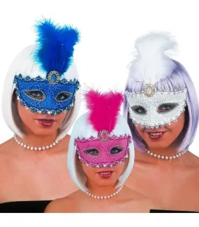 Maschera in plastica cracle' piuma e gemma col.ass.