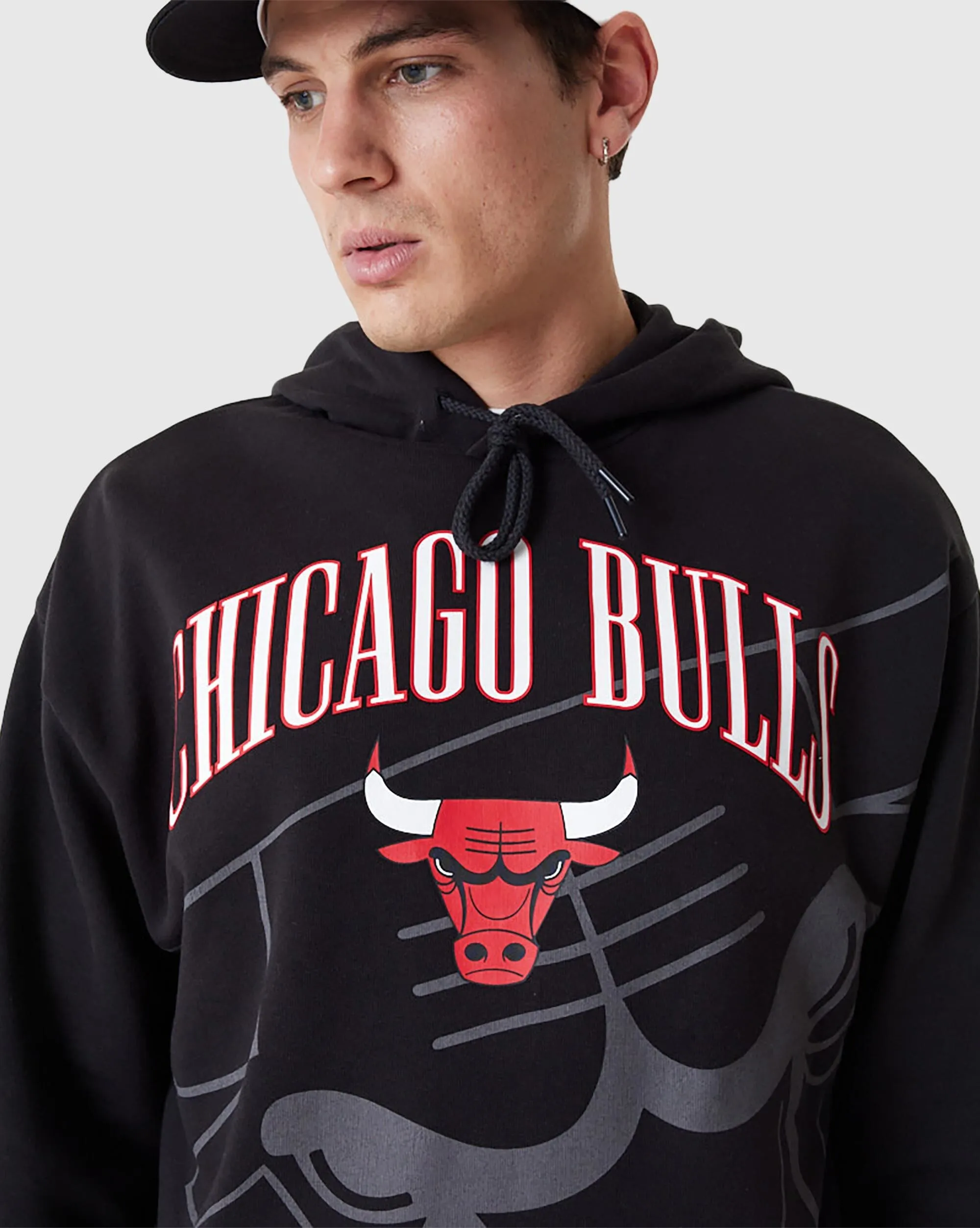 New Era NBA Felpa Oversize Con Cappuccio Logo Chicago Bulls Nero Uomo