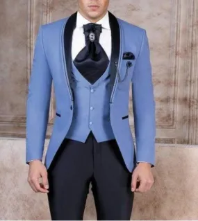 Nuovo arrivo Blu Groomsmen Scialle Risvolto 3 pezzi Smoking dello sposo Abiti da uomo Prom da sposa Blazer da uomo migliore gia