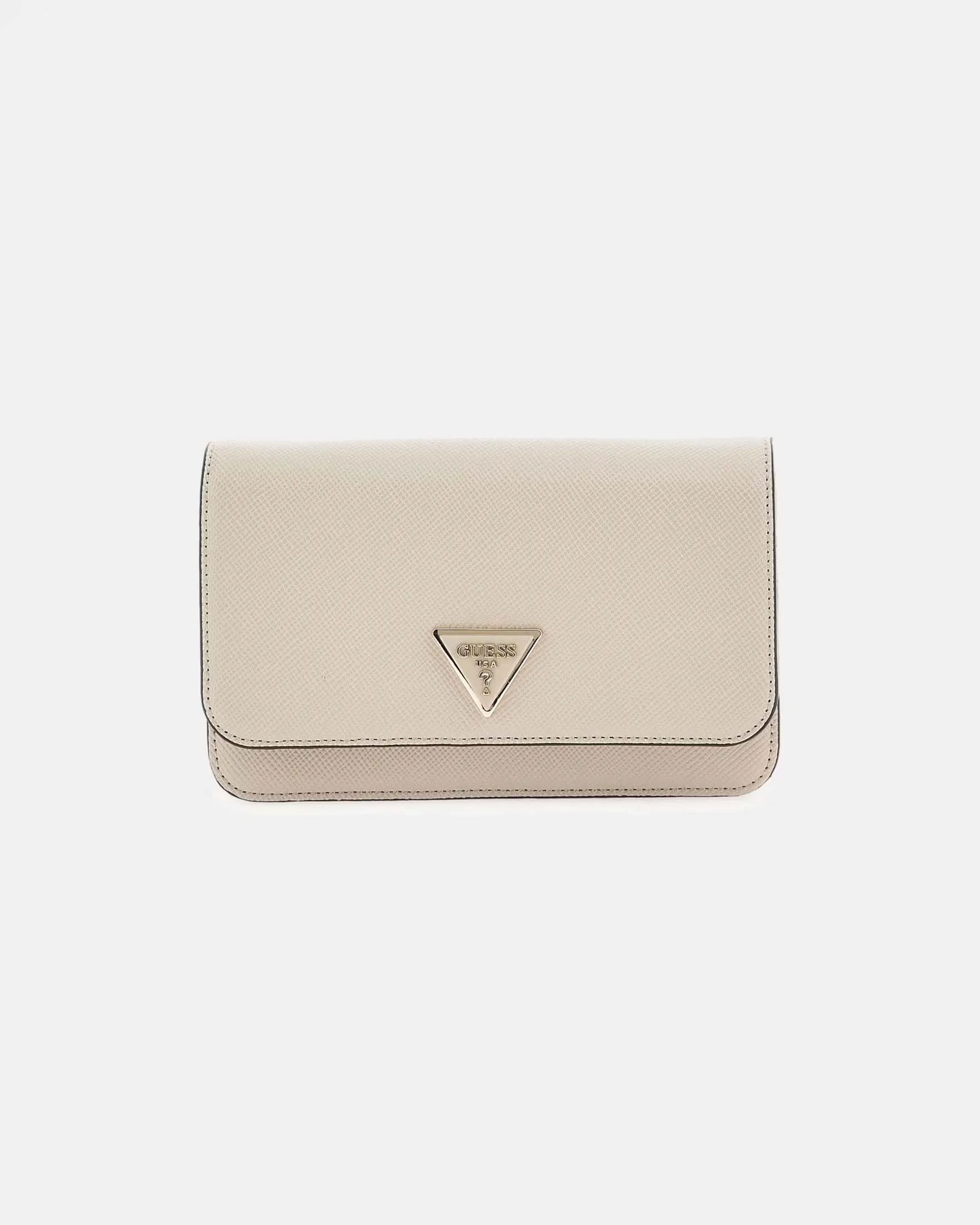 Pochette in similpelle saffiano color taupe con chiusura a patta tracolla rimovibile e tasca smartphone sul retro
