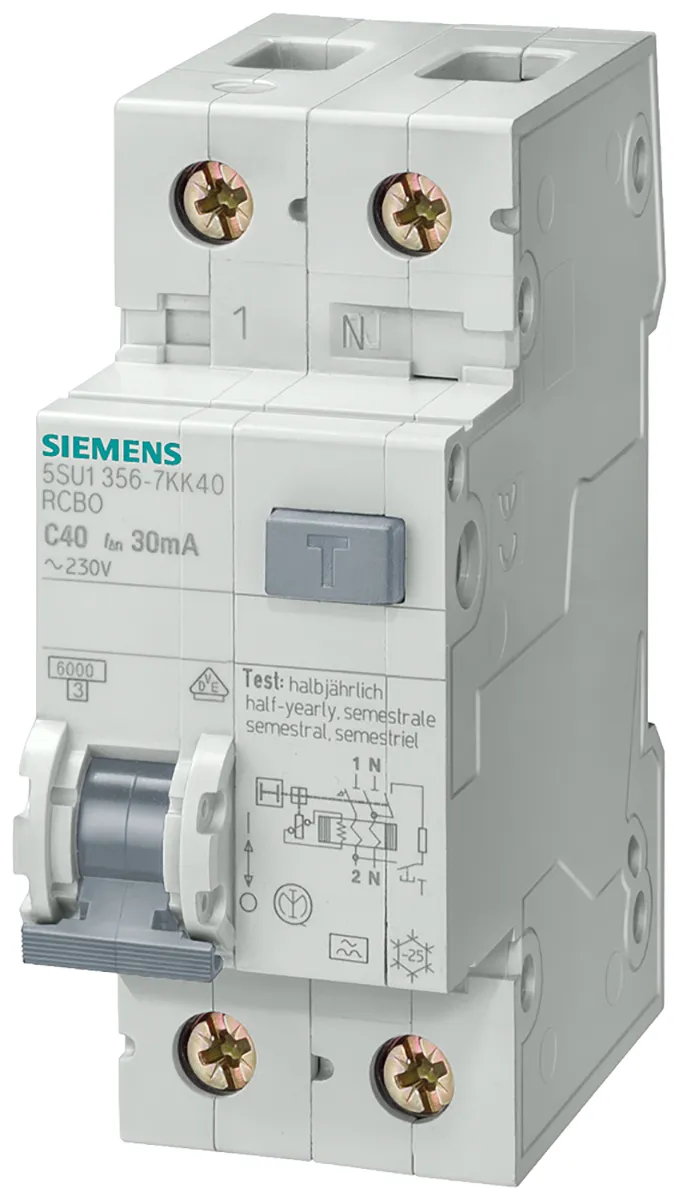 RCBO Siemens 5SU13531KK10, 2P, 10A, sensibilità 30mA, Montaggio Guida DIN