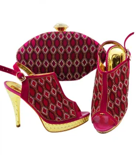 Scarpe da donna in stile nobile alla moda Scarpe con tacco alto da donna nigeriane con borsa per feste in pompe color fucsia