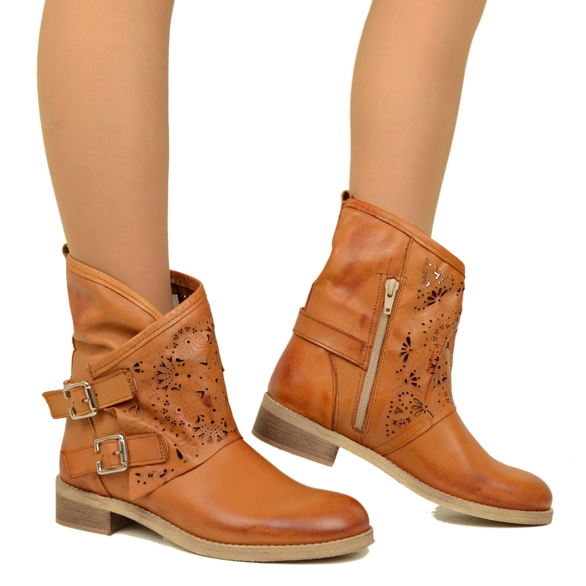 Stivali Donna Cuoio Traforati Biker con Ghetta in Pelle