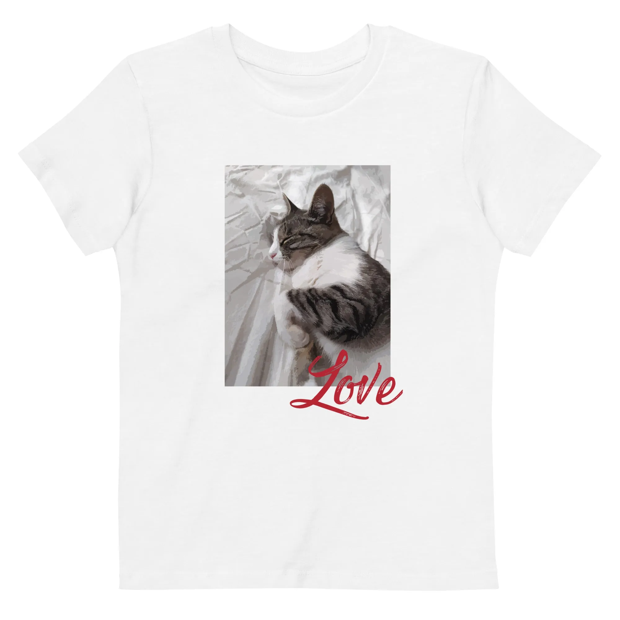 T-shirt unisex in cotone organico per bambini con gatto love