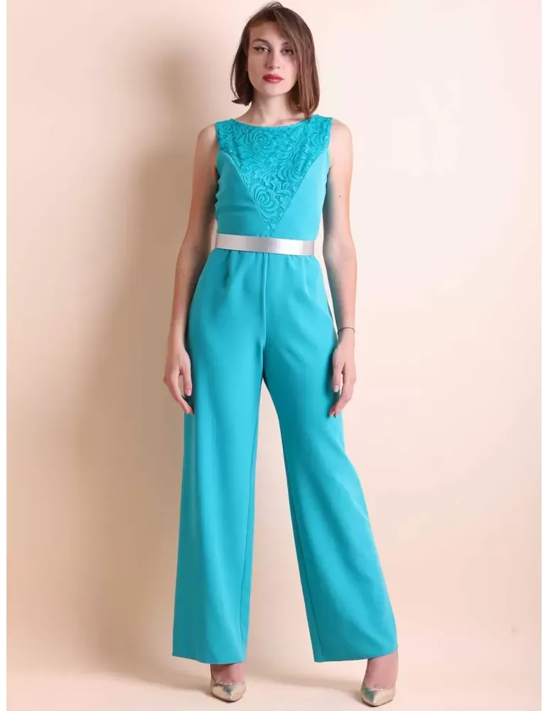 Tuta in cady turchese con inserti di pizzo Casting